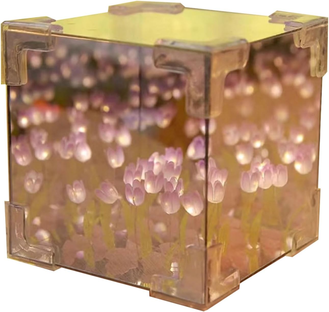 Home Ornament Kits 21 Artificial Tulips Night Light And Mirrored 2 In 1 Kits Handmade Flowers Cube Night Lamp Decors