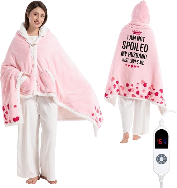 Wearable Heated Blanket Hoodie for Women, Valentines Day Gifts for Wife Women, Electric Throw Blanket, Heated Shawl Wraps Poncho, Mothers Day Birthday Anniversary Day Gift, Spoiled Wife Pink