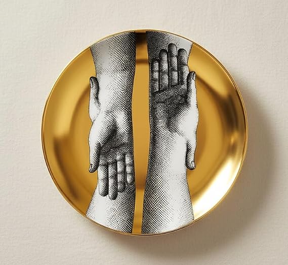 Abstract Hands Decorative Wall Plate, 8 Inch Bone China with 24K Gold, Modern Gesture Art, Luxury Home Decor, Mirrored Hands