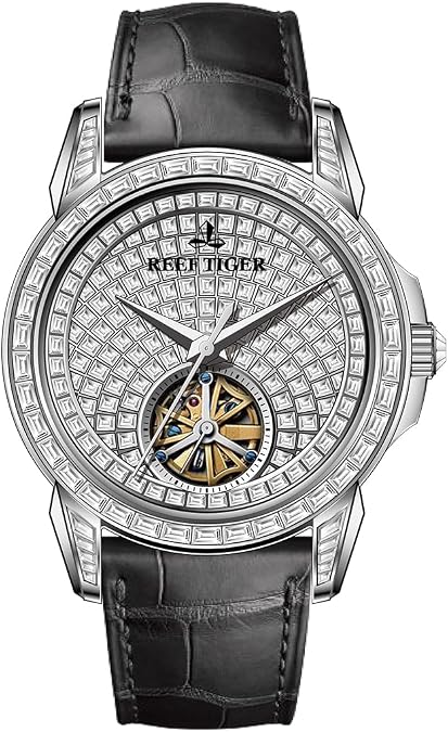 REEF TIGER Luxury Watch, Diamond Pattern Dial, Automatic Movement, Black Leather Band