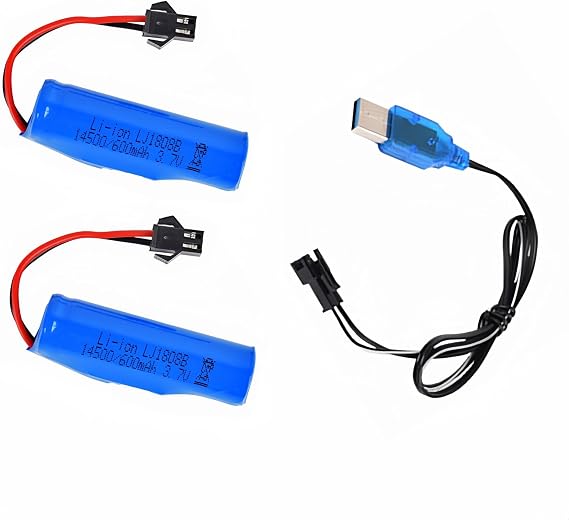 2 Pack 3.7V 600mAh Li-ion Rechargeable Battery with USB Charger Cable for Double Sided Rotating Tumbling Amphibious Monster Truck E35 DE38 DE40 DE50 DE55 TB202 TM141 Toy Car C63 Battery