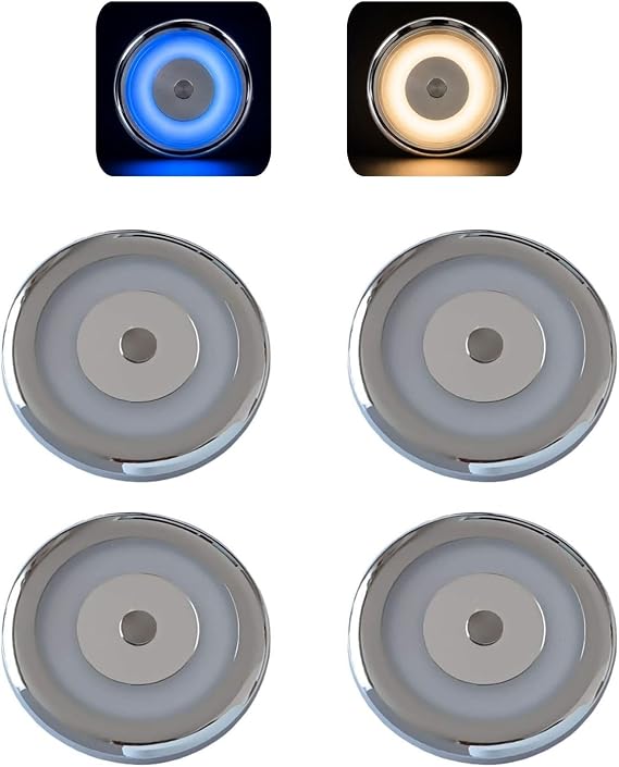 Marvix 4 x RV LED Spot Lights 12V 24V Touch Control Dimmer Switch and Blue Night Light 70mm (2.75") Chrome Downlights Caravan Campervan Truck Boat