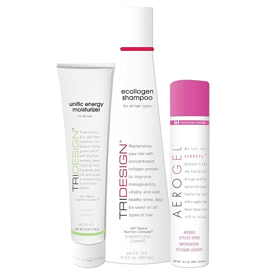 TRI Design Shampoo Conditioner Finishing Spray Set 10.5 oz + 10.5 oz + 6 oz | Includes Aerogel, Ecollogen collagen & Unific Energy moisturizer for all hair types seeking healthy nourish styling