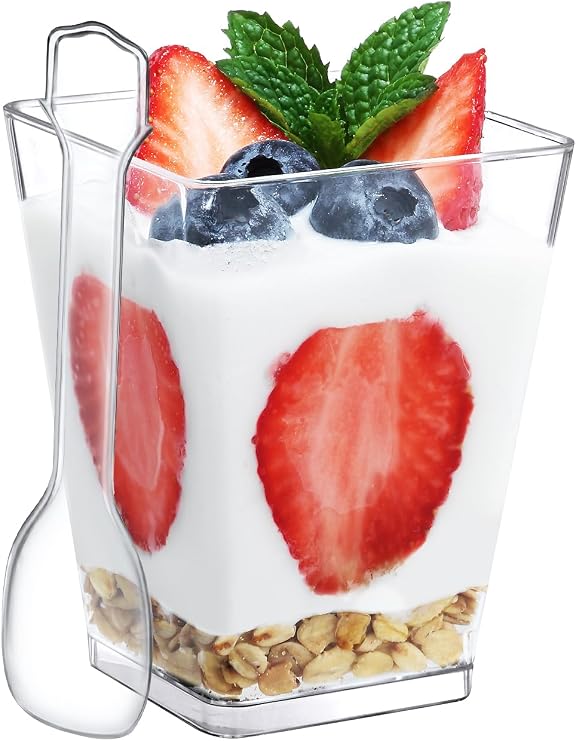 SHOPDAY 5 Oz-Plastic-Dessert-Cups: 30 Pack Square-Clear-Cup-with-Spoons, Small Parfait-Cup Mini Plastic Appetizer Shooter Cups for Party Yogurt Mousse