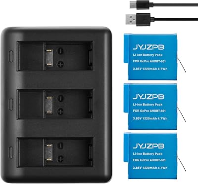 JYJZPB 3 Pack HERO8 Battery and 3 Channels Battery Charger Compatible with GoPro Hero 8, Go Pro Hero 7, 6, 5 Black Camera
