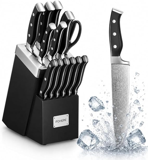 Knife Set, FOHERE 14 Pieces Self Sharpening Knife Block Set, High Carbon Stainless Steel Waved Pattern Knife Set with Block, Rust & Stain Resistant Kitchen Knives and Triple Riveted Handle, Black