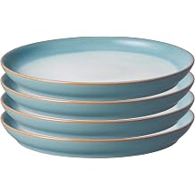 Denby - Azure Haze Blue Coupe Dinner Plates Set of 4 - Stoneware Ceramic Plates for Everyday Use - Dishwasher, Oven, Microwave, and Freezer Safe - Blue, White Reactive Gradient Glaze - Chip Resistant