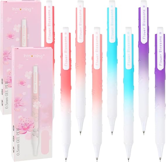 8PCS Floral Low Center of Gravity Relief Gel Pens, 0.5mm Fine Point Black Ink Smooth Writing Pens with Soft Grip and Quick-Dry