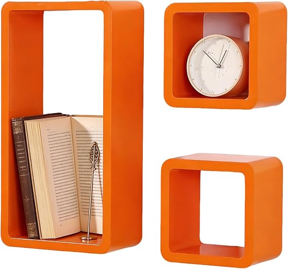 HJZALMI Wall Cube Shelves, Set of 3, Orange, Horizontal or Vertical | Cube Floating Shelves for Wall Decor, Wood Square Floating Wall Shelves for Bedroom, Living Room, Bathroom, Study, Office