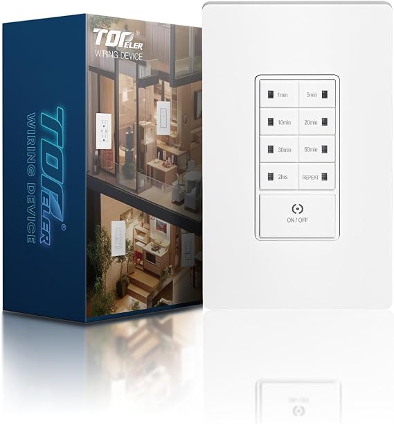 TOPELER Countdown Digital Timer Switch, in-Wall Timer Switch with Daily Repeat Button for Bathroom Fans and Lights, Delay Time Program Up to 4H, Screwless Wall Plate Included, White