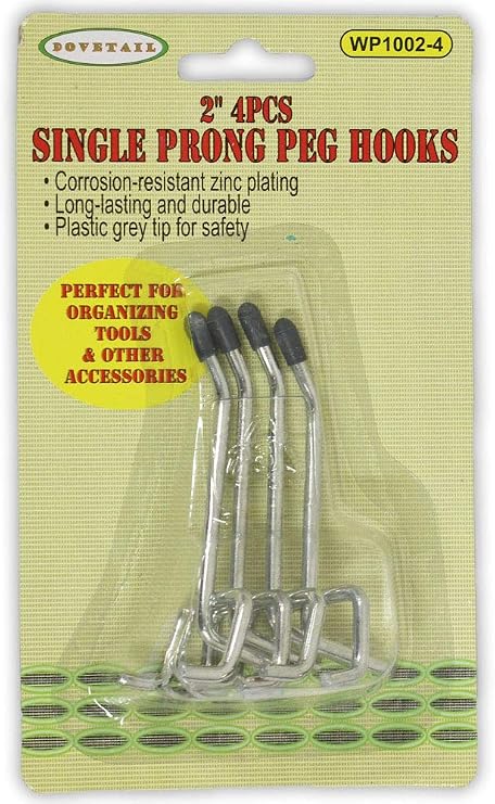 Dovetail 4 Pc. 2" (5.1 cm) Single Prong Peg Hooks | Zinc Plating | Gray Plastic Safety Tips | Ideal for Garages & Workshops