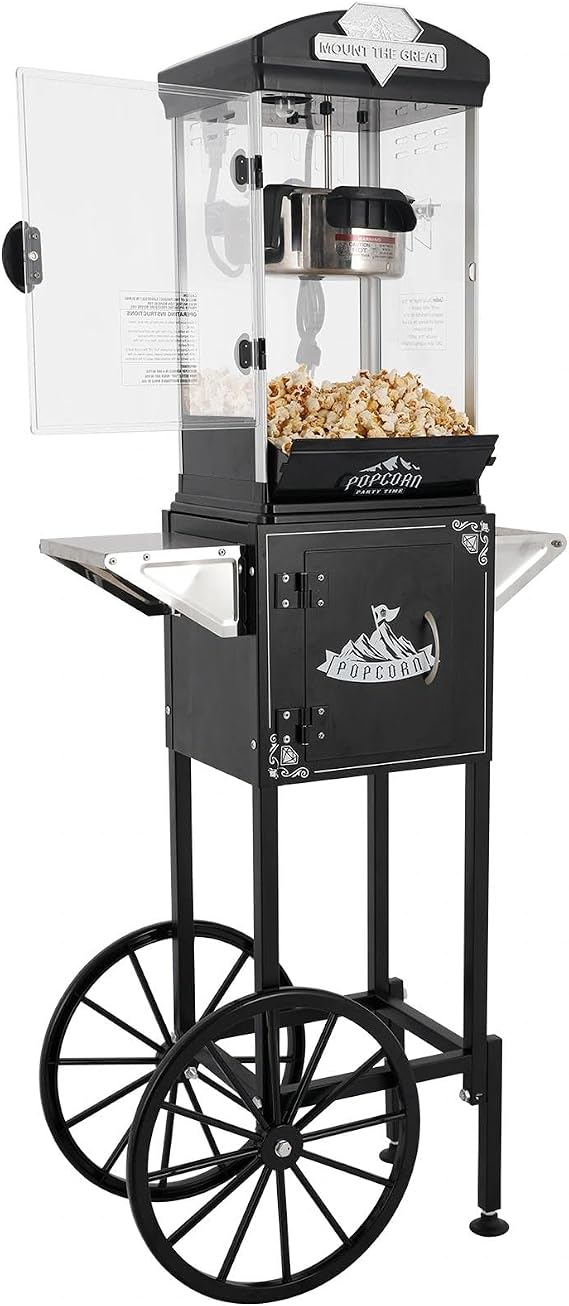 Popcorn Machine with Cart, Wheels & 10 Oz Kettle Popcorn Maker, Movie Theater Popcorn Maker Machine, Home Theater Popcorn Popper Measuring 3 Plastic Spoons