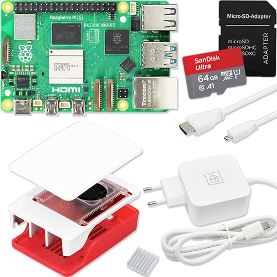 Raspberry Pi 5 4GB Starter-Kit USB-C 27W Netzteil Gehäuse mit Lüfter 64GB SD Karte 4K Micro HDMI Kabel Rot - Weiß
