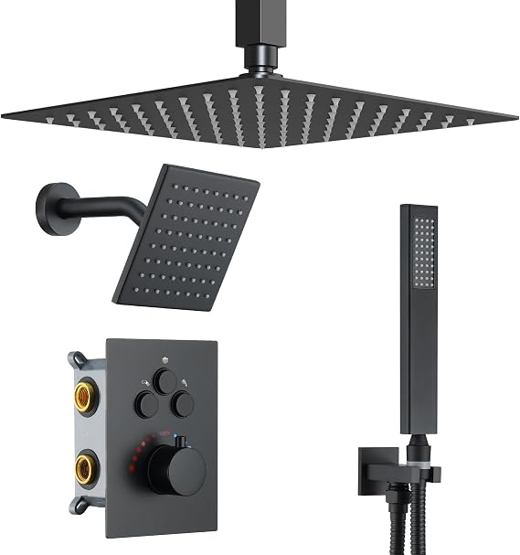 Thermostatic Dual Shower Head System, Matte Black Shower Faucet | 12 Inch Ceiling Rainfall Shower, 6 Inch Wall Mount Head, High Pressure Handheld Sprayer, Push Button Valve