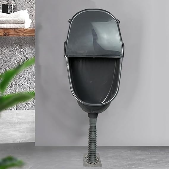 Plastic Urinals Male Waterfree Urinals with Lid,Wall Mounted Plastic Urinal with Manual Flush Valve and Pipes for Garage, Shed, Backyard(Black)