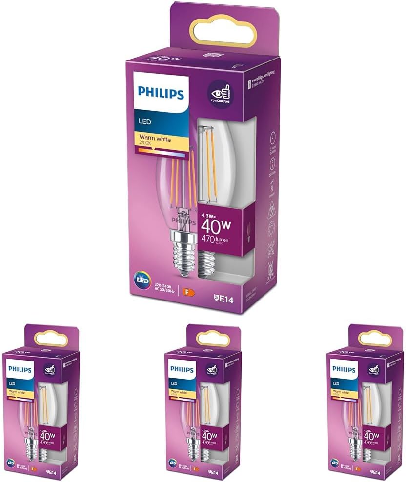 Philips LED Classic 40W B35 Led Mum Filament Ampul, 2700K Sarı Işık, E14 İnce Duy, Dim Edilmez 4lü paket