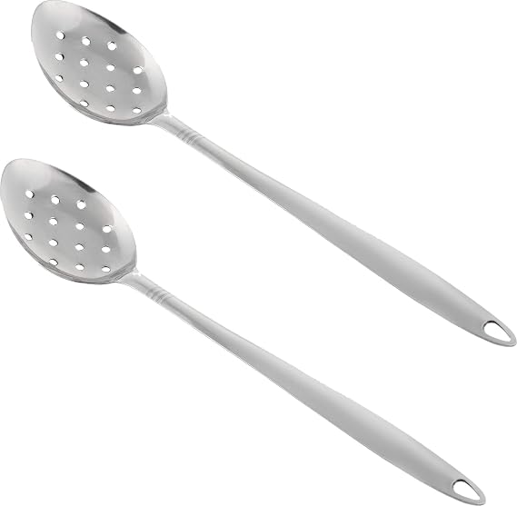 Large Metal Cooking Spoon with Holes- Pack of 2 - Stainless Steel Slotted Serving Spoon - Perforated Metal Spoon with Long Handle