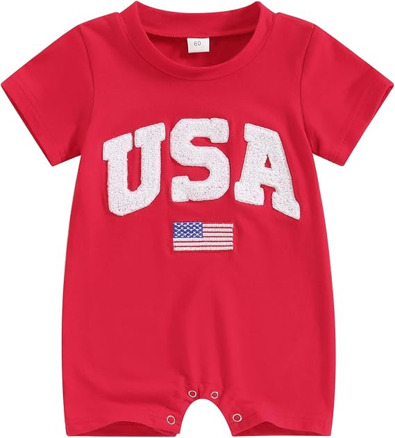 MoZiKQin Fourth of July Baby Boy Girl Outfit Newborn Usa Romper Short Sleeve Jumpsuit Embroidery First 4th of July Outfit