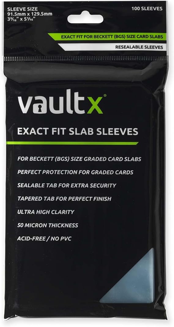 Vault X Exact Fit Slab Sleeves (100 Pack) for BGS Beckett Graded Cards | Fits BGS & Beckett graded slabs & cases. Crystal-clear, acid-free protective sleeves. 100-pack for graded card collectors.