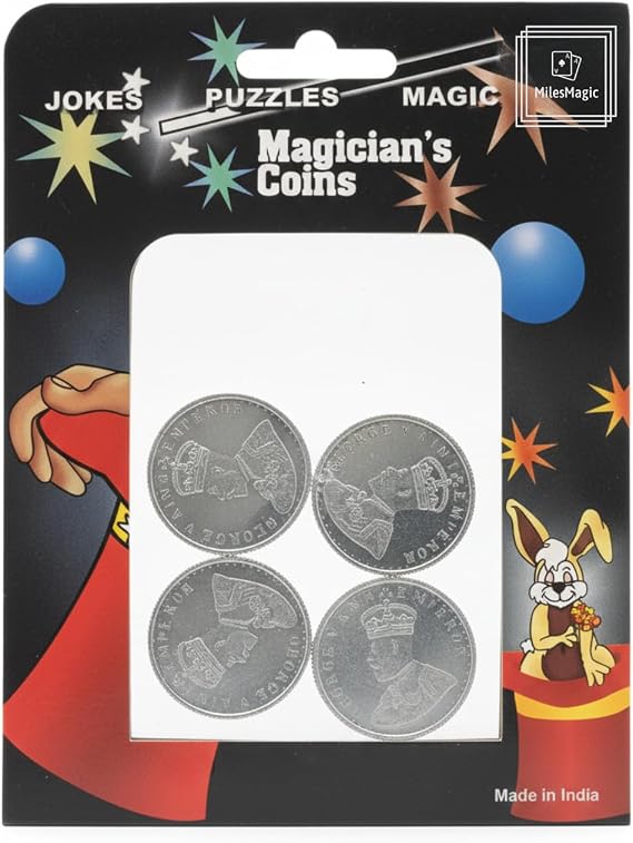 MilesMagic Magicians Manipulation Coins | 4 x Silver Replica Pre-Independence Rupee Coins | Lightweight Aluminum Coin Magic Props for Tricks, Palming & Illusions