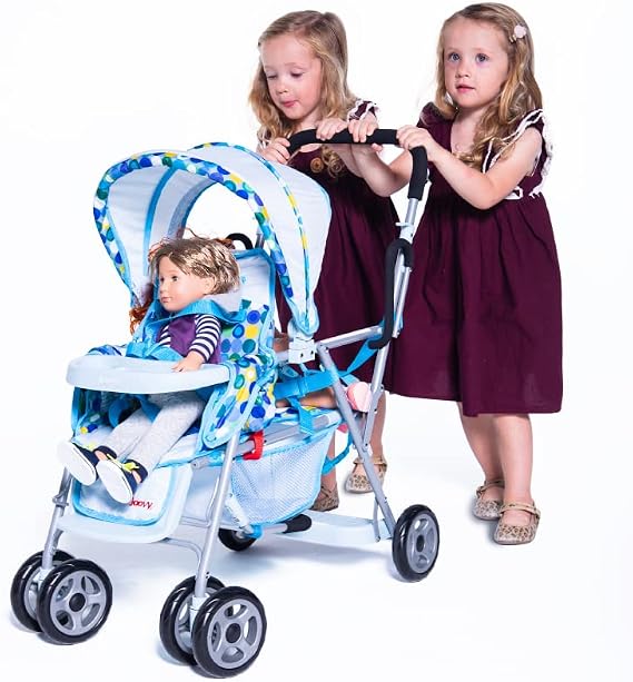 Joovy Toy Caboose Baby Doll Stroller Featuring Reclining Front Seat, Adjustable Footrest, Storage Basket, Extendable Canopy, and Snack Tray - Holds 3 Dolls (Blue Dot)
