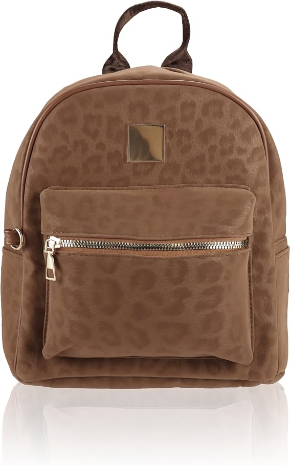 FuninCrea Leopard Print Small Backpack for Women and Girls, PU Leather Small Womens Backpack with Adjustable Strap & Zipper, Mini Women's Fashion Backpacks for Multi-Purpose (Brown)