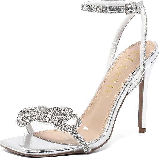 Heels for Women Rhinestone Bow Silver Heels for Women Crystal Sandals