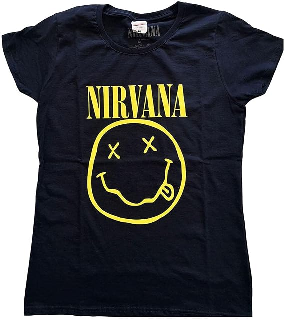 Nirvana T Shirt Yellow Smile Band Logo Official Womens Junior Fit Navy Blue Size S