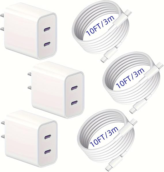3-Pack Super Fast Charger for iPhone 16 Charger,20W+20W Dual Port USB C Wall Charger Plug Travel Charger Fast Charging 10FT TypeC Cable for iPhone 16 15 Pro Max/15 Pro/15,iPad Pro/Air, Android Phone