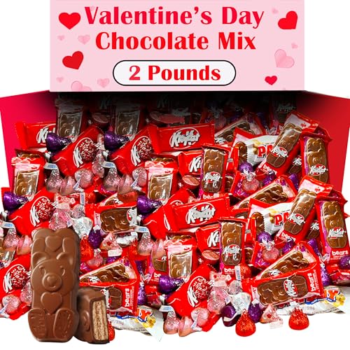 Valentines Day Chocolate Candy Bulk, 2 Lbs Mix, Individually Wrapped Valentines Day Candy Assortment, Heart Adorned Mini Milk Chocolate Bear Bars, Red Pink Candy for Classroom Exchange and Gifting