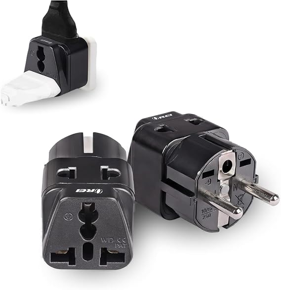 OREI USA to Europe (Schuko) Travel Adapter Plug - 2 in 1 Type E/F Plug Adapter Perfect for Laptop, Camera Charger & More - CE Certified - RoHS Compliant - 2 Pack - Black Color