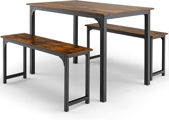 TANGZON Dining Table with 2 Benches, 3 Pieces Steel Frame Kitchen Table Set, Industrial 4-6 Person Breakfast Dining Table and Chairs for Home Dining Room (Coffee)