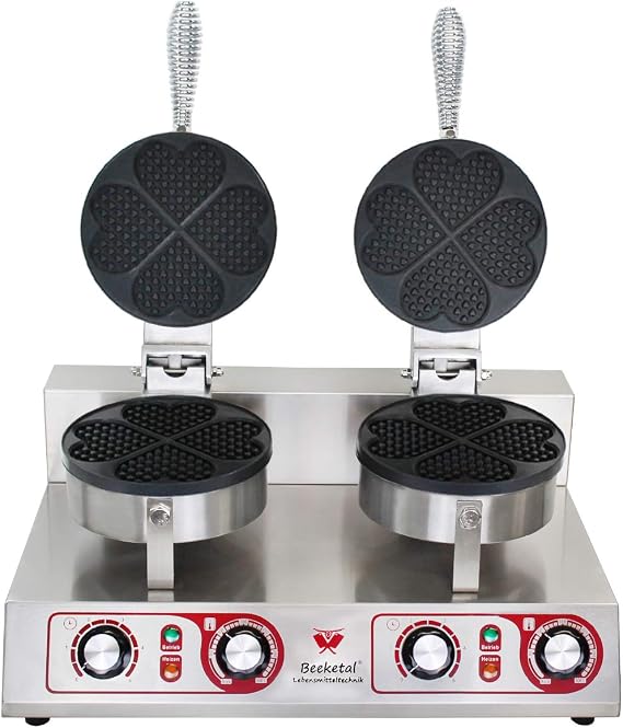 Beeketal 'BWA-2P' Professional Gastro Double Heart Waffle Iron with Non-Stick Baking Plates (2 x 4 Split Heart Shape) Waffle Maker for Belgian Heart Waffles 50-300 °C Continuous
