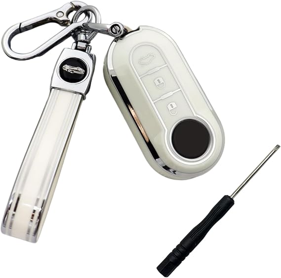 FiaKeyGuard Pro - Premium TPU Car Key Fob Cover,Universally Compatible with Fiat 500 Series, Lancia, More - Stylish White Silver Case + Bonus Keychain