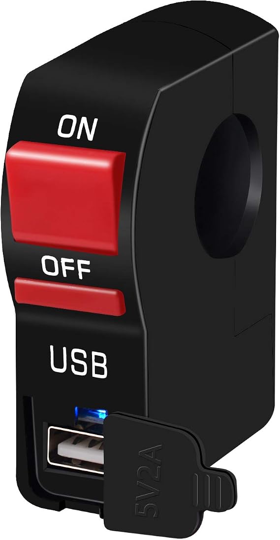 Universal Motorcycle Handlebar Switch Starter Kill Push ON/OFF Button Connector 12V with LED Indicator Light and 5V 2A USB Charging Interface for LED Spotlight (1)