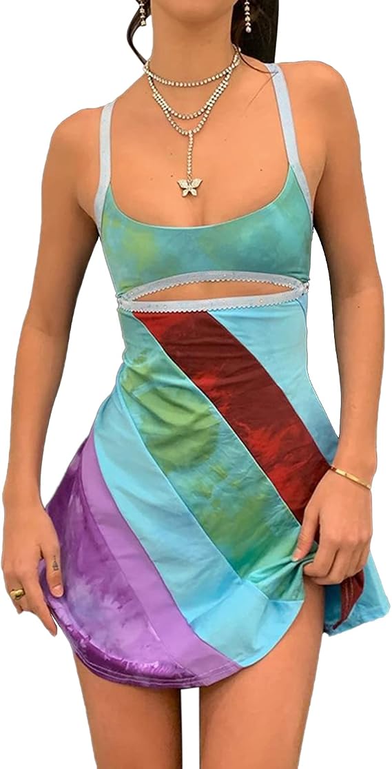 Honganda Women 13 Going On 30 Dress Summer Retro Y2K Going Out Dress | Sleeveless Rainbow Dress for Women, Sexy Bodycon Mini Dress, 2000s 70s Halloween Costume, 30th Birthday Outfit for Women