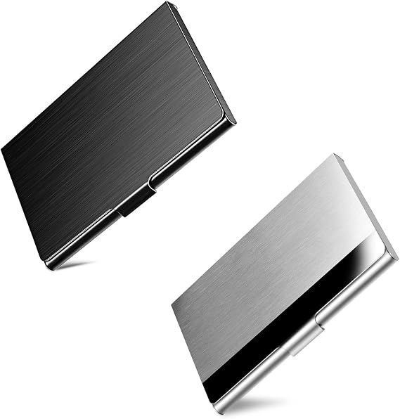 Business Card Holder, Slim Business Card Case for Men & Women, Pocket Metal Card Case, Professional Stainless Steel Business Card Holders, Buckle Style Shut, 1PCS Black and 1PCS Silver