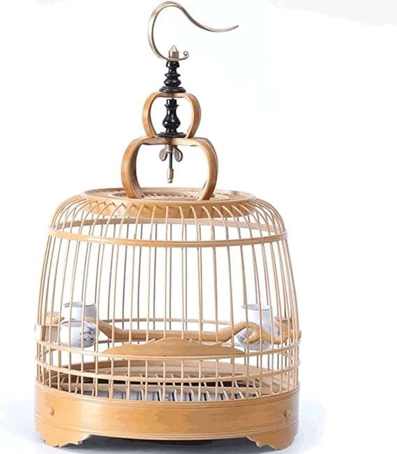 Spacious Vintage Bird Cage for Small Birds, Chinese Style Birdcage with Standing Pole, Hand-Made Bird Flight Cage with Portable Handle Portable,Raw,Bamboo