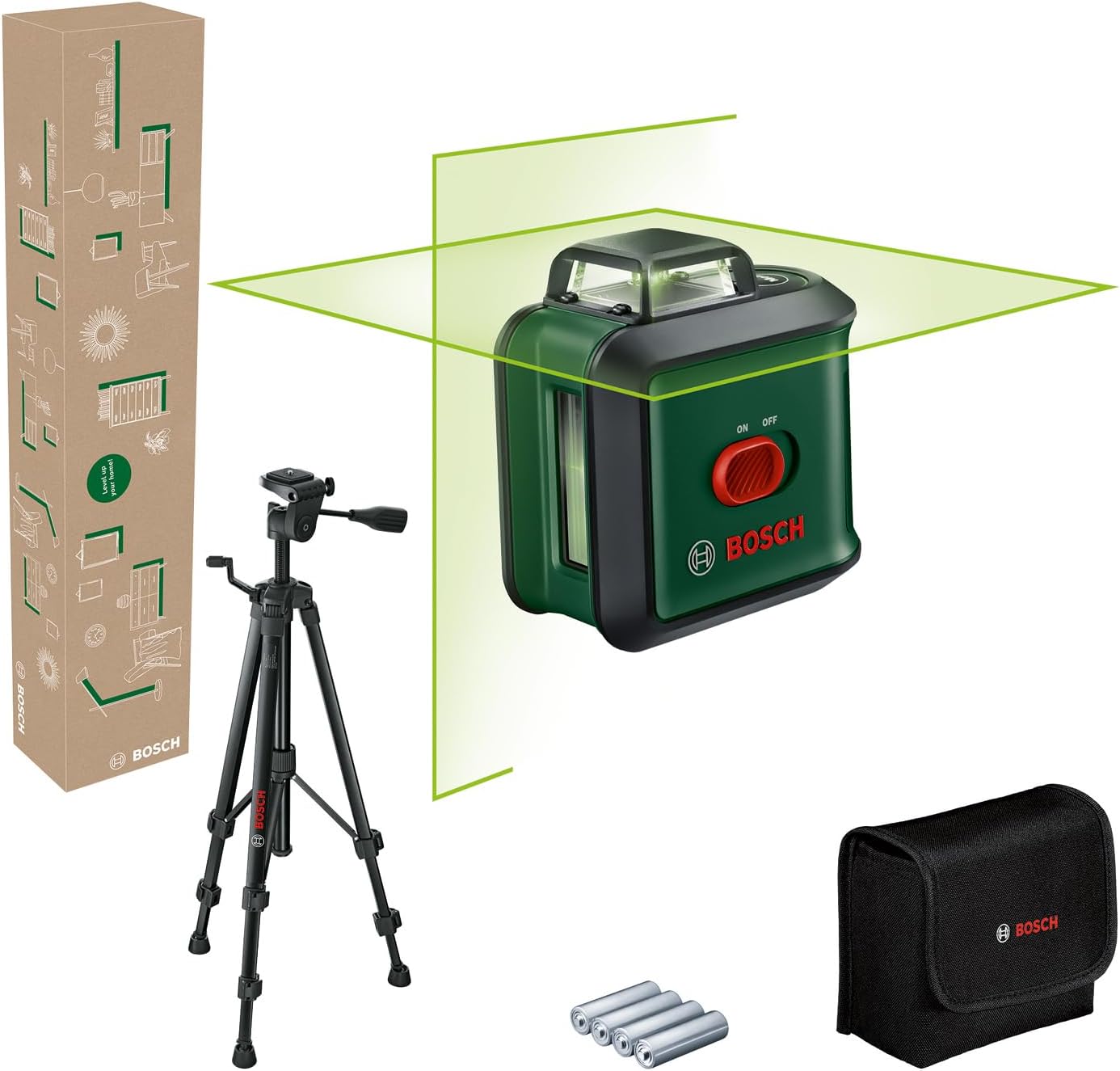 Bosch Cross line Laser UniversalLevel 360 with Premium Tripod Vertical  Horizontal Laser Lines incl. 360° for Alignment Throughout The Entire Room, in E-Commerce Cardboard Box