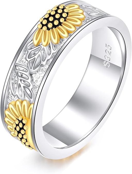 POPLYKE Sterling Silver Filigree Sunflower Daisy Band Rings for Women You Are My Sunshine Flower Ring Jewelry Gift