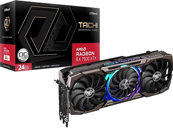 ASRock Radeon RX 7900 XTX Taichi 24GB OC Graphics Card, 2680 MHz Boost Clock, 24GB GDDR6, AMD RDNA 3, DisplayPort 2.1, HDMI 2.1, Triple 8-Pin, ARGB Backplate