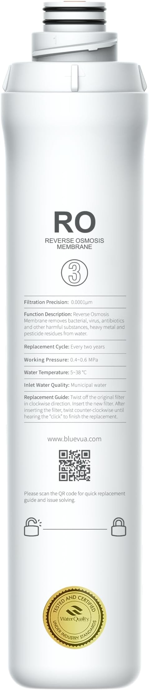 Bluevua Official ROPOT RO Filter, Replacement for RO100ROPOT | WQA & NSF Certified, 2-year Lifetime-3rd Stage