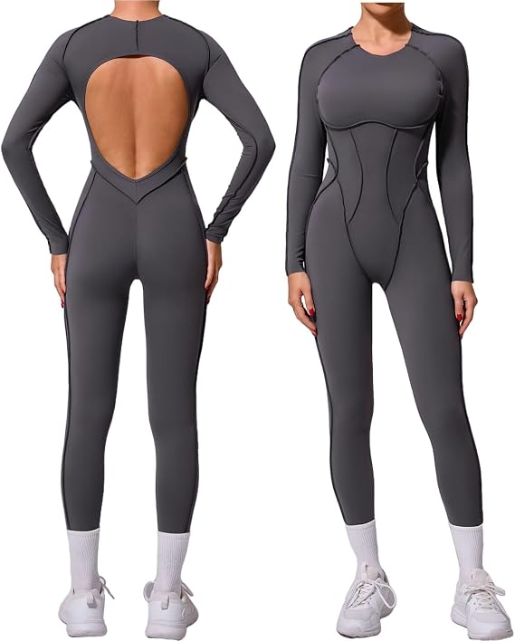 Sexy Long Sleeve Jumpsuit for Women Crewneck Backless Exposed Seams Going Out One Piece Romper Legging Jumpsuit
