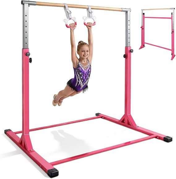 Gymnastics Bar for Kids Training Horizontal Bar for Home Ages 3-15 Adjustable Height Gym Equipment Indoor Non-Slip with Rings (Pink)