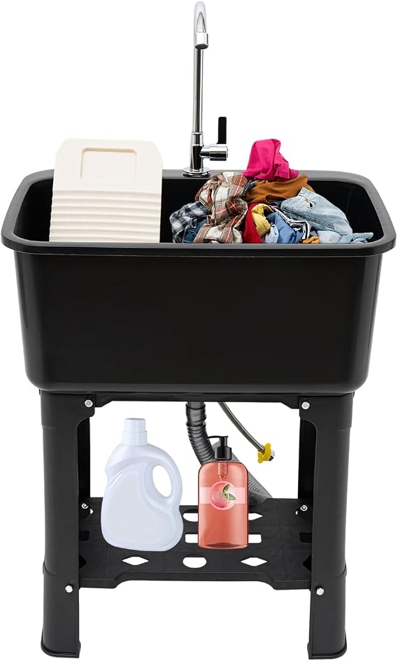 Utility Sink for Laundry Room and Garage, Freestanding Laundry Sink for Garage or Kitchen, Indoor & Outdoor Utility Tub with Faucet, Washboard, Drainboard, 24" W x 16" D x 30" H (Black)