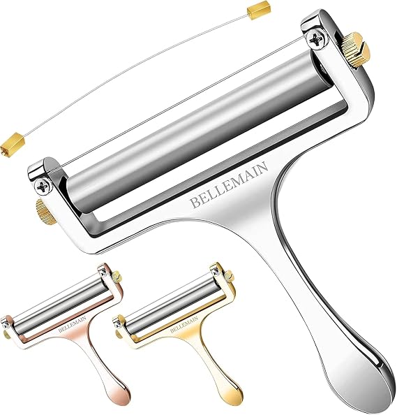 Bellemain Stainless Steel Wire Cheese Slicer with 2 Extra Wires - Silver | Adjustable wire creates thick or thin slices with smooth control, ideal for cheddar, gruyere, raclette, and mozzarella.