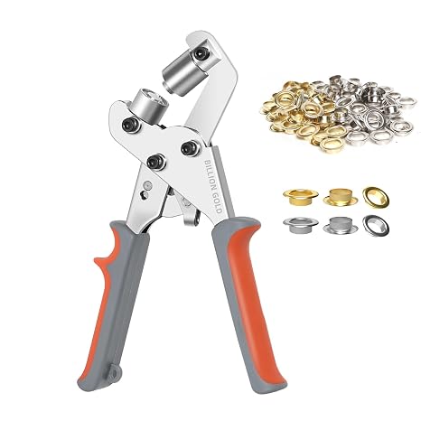 Grommet Tool Kit, BILLION GOLD 3/8" Hand Press Tool & 500 Metal Eyelets | 3/8" Handheld Grommet Plier Kit, Includes 500 Metal Eyelets (250 Silver + 250 Gold) For Tarp, Canvas, Banner & Fabric Craft