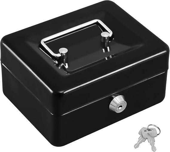KYODOLED Small Cash Box, Key Lock Metal Storage Box with 2 Keys & Portable Handle, Safe Cash Drawer, 5.91"x 4.72"x 3.15", Black