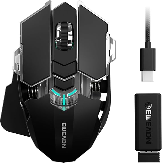EWEADN G5 Tri-Mode Wireless Gaming Mouse, 12800 DPI Programmable Ergonomic Mouse with Metal Base for Stability, 500mAh Rechargeable, 8 Macro Buttons, Rapid Fire Key, RGB Backlit for FPS PC Mac - Black