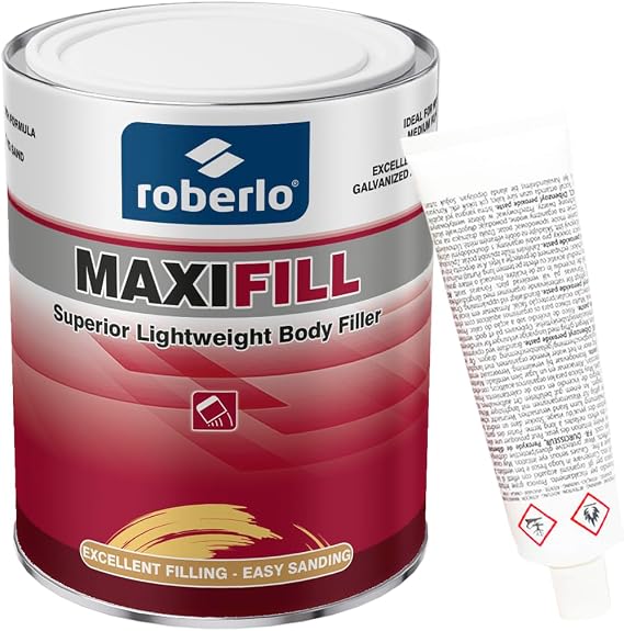Roberlo Maxifill Superior Lightweight Body Filler - Easy Sanding, Lightweight & Paintable for Car Repairs - Adheres to Fiberglass, Metal, Plastic & More - Ideal for Dents & Scratches -1 Liter+Hardener
